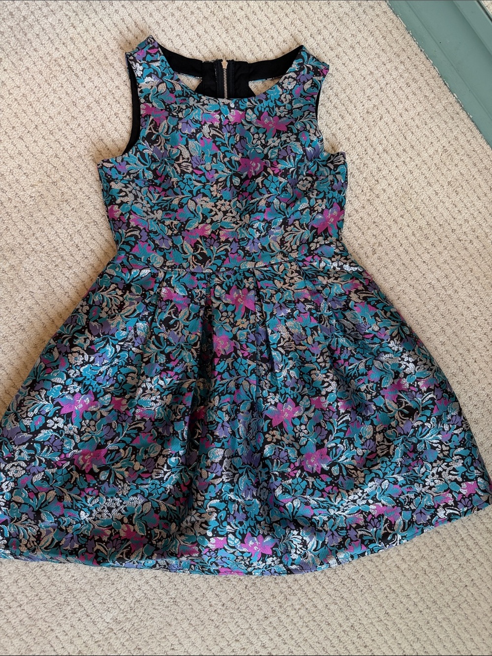 Girls Metallic Floral Jacquard Party Dress - Teal & Purple